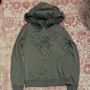 SHEIN Zip Up Gray Hoodie Embellished Y2K